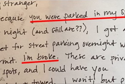 這名女生的車位被人占用了，她給對方留了一張字條，沒想到對方的回應竟然是。。。