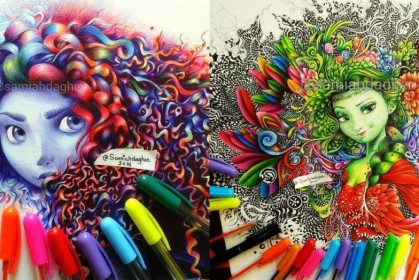 女子將「顏色不多的原子筆」利用細緻筆觸重疊調色，畫出色彩繽紛的迪士尼人物