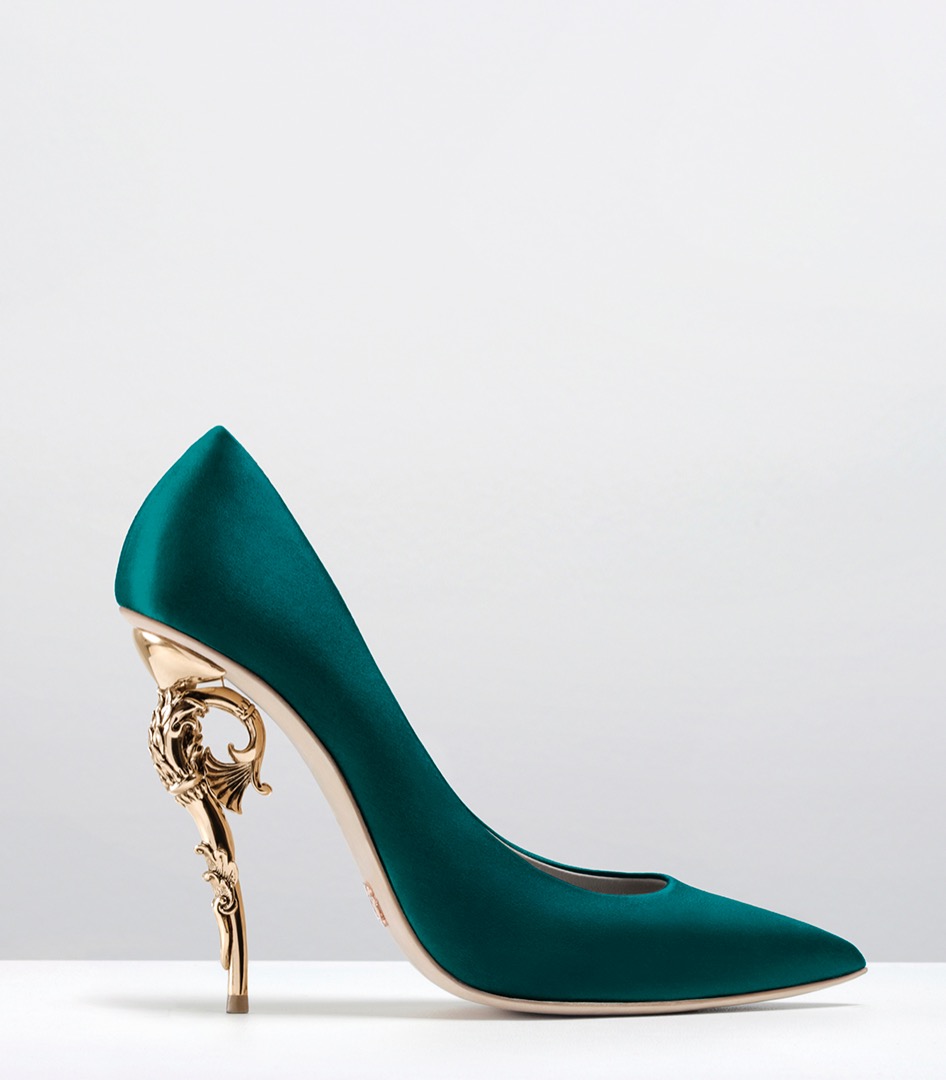 +1.4-BAROQUE PUMPS-EMERALD SATIN WITH YELLOW GOLD HEEL
