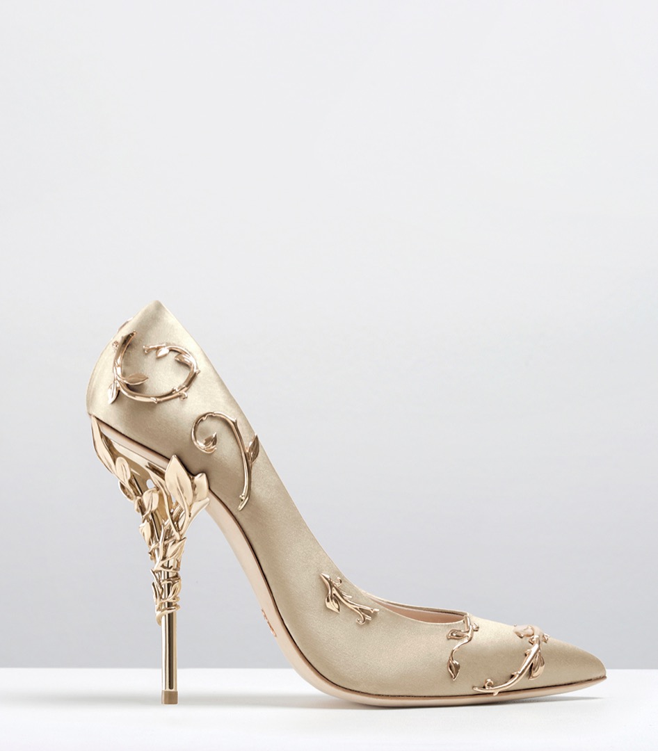 +2.4-EDEN PUMPS-GOLD SATIN WITH GOLD LEAVES