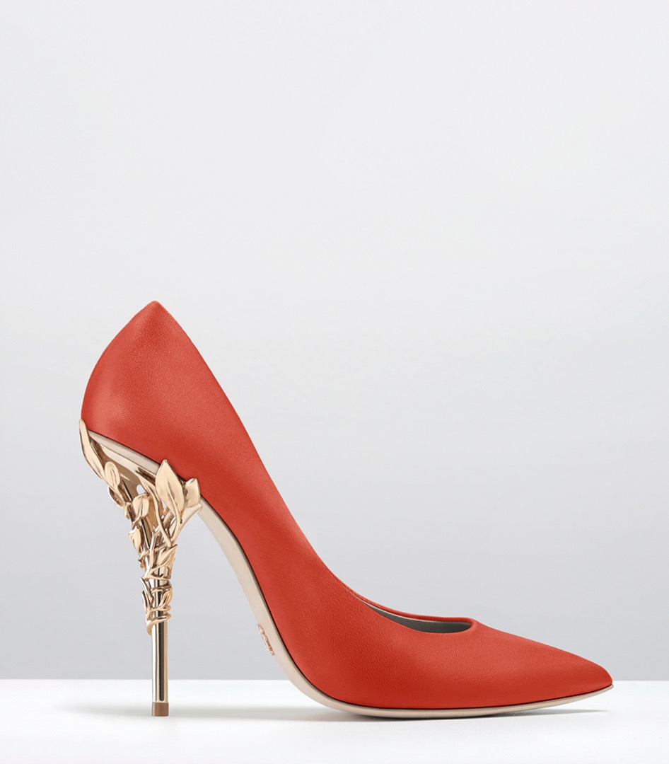 +2.9-EDEN HEEL PUMPS-CORAL LEATHER WITH LIGHT GOLD LEAVES