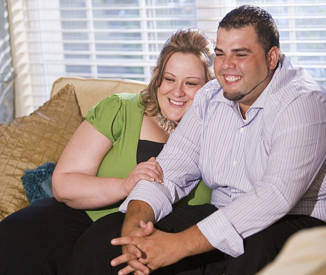 Happy overweight couple sitting on sofa in living room