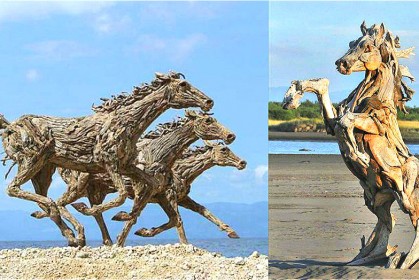 藝術家巧手精雕，將海邊撿到的飄流木打造成栩栩如生的駿馬！