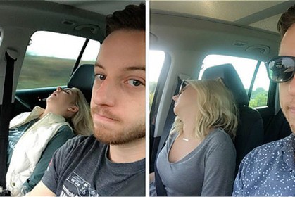男子拍攝21張「老婆一路狂睡」美姿PO上網，他與妻子的公路旅行系列照