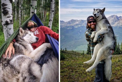 這名男生不想讓狗狗悶在家裡，決定帶著狼犬去旅行！哥們帥爆的照片引發網路瘋傳啦～