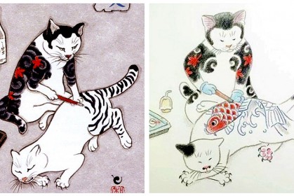 藝術家14張「水墨紋身貓」，不論是造型、神情都像是人類的翻版