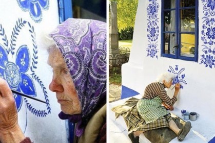 90歲老奶奶拿起畫筆「把小村莊變畫廊」，牆上滿佈豔麗藍花，全心擁抱自己的興趣