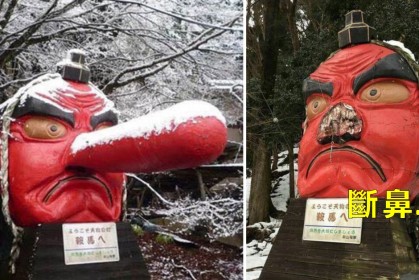 日本巨大天狗遭大雪「壓斷鼻子」，創意一招補救，意外造成旅客暴增