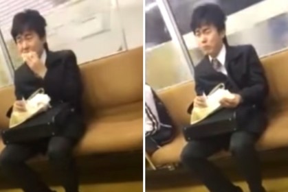 日本上班族坐電車「邊吃三明治邊哭」的影片讓網友淚崩，原因其實大家都懂...